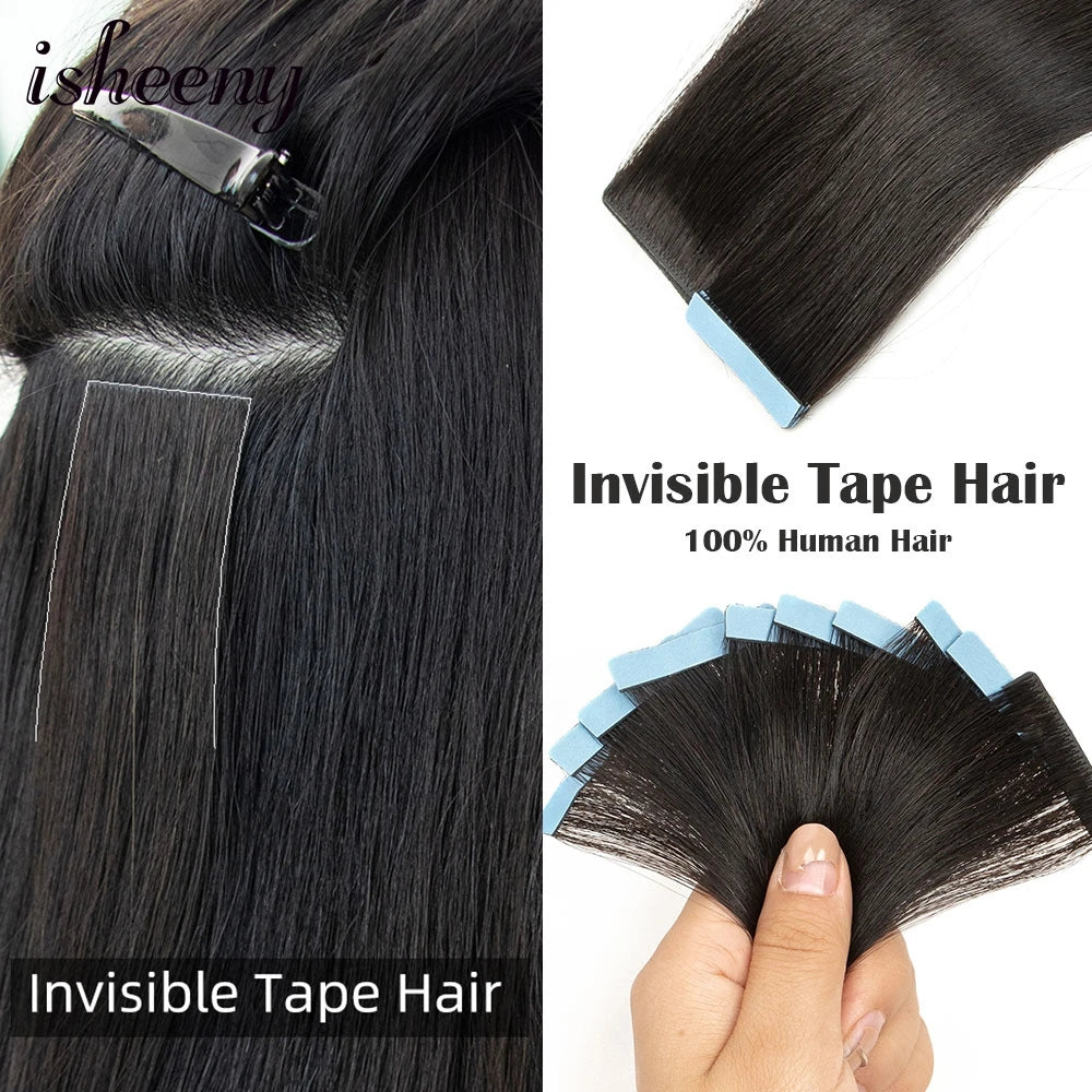 Isheeny Invisible Tape In Hair Extensions 12" 16" 20" 22" Skin Weft Tape Ins 10pcs Natural Straight Machine Made Remy Human Hair