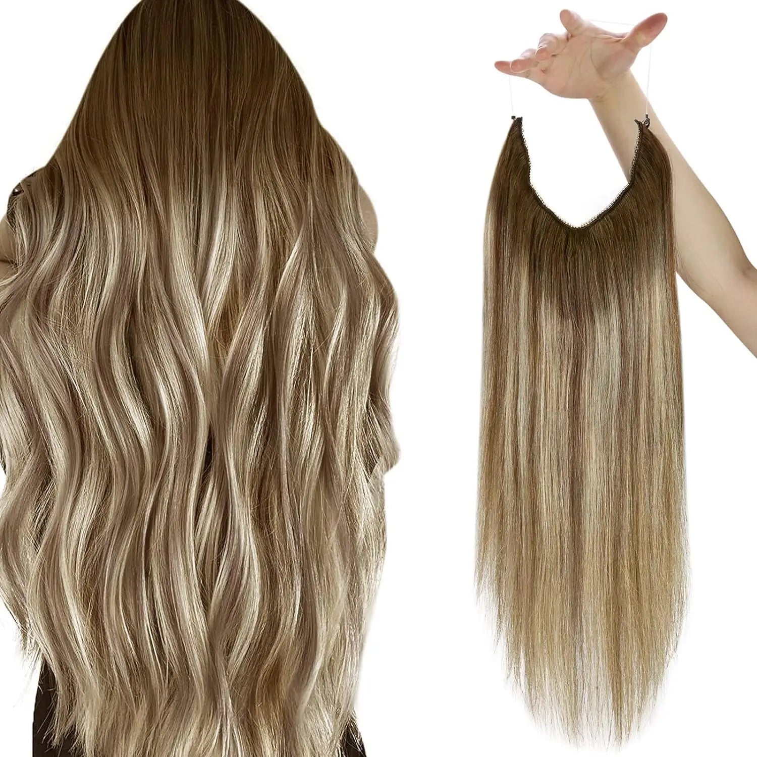 VeSunny Fish Line Human Hair Extension Wire Natural Hair OnePiece Invisible Wire Hair Weft with 2 Clips Machine Made Blonde Hair