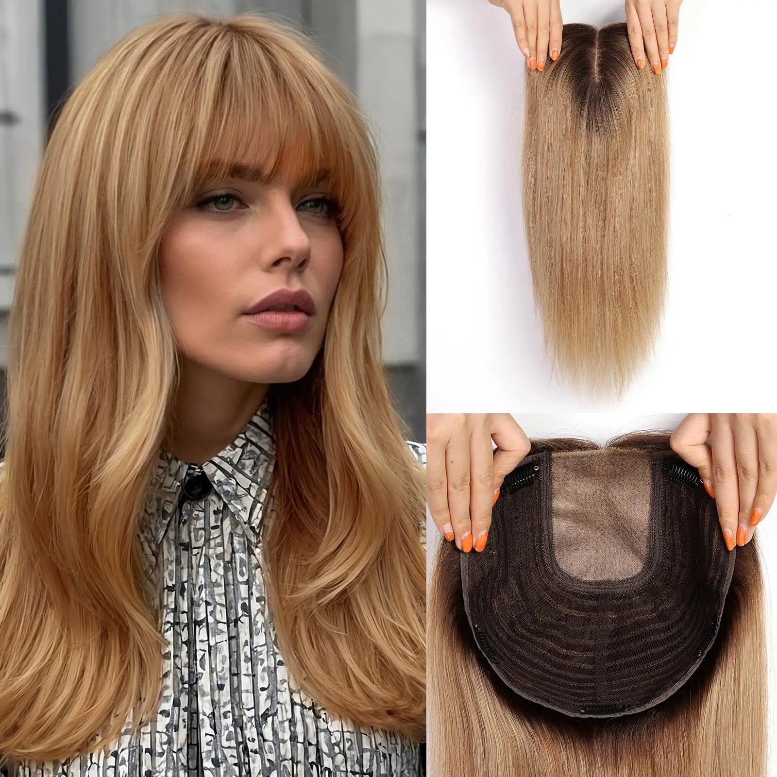 Brown Blonde Highlight Remy Human Hair Toppers Clips in 16 Inches Straight Hairpiece for Women Silk Base Topper Hair Extensions