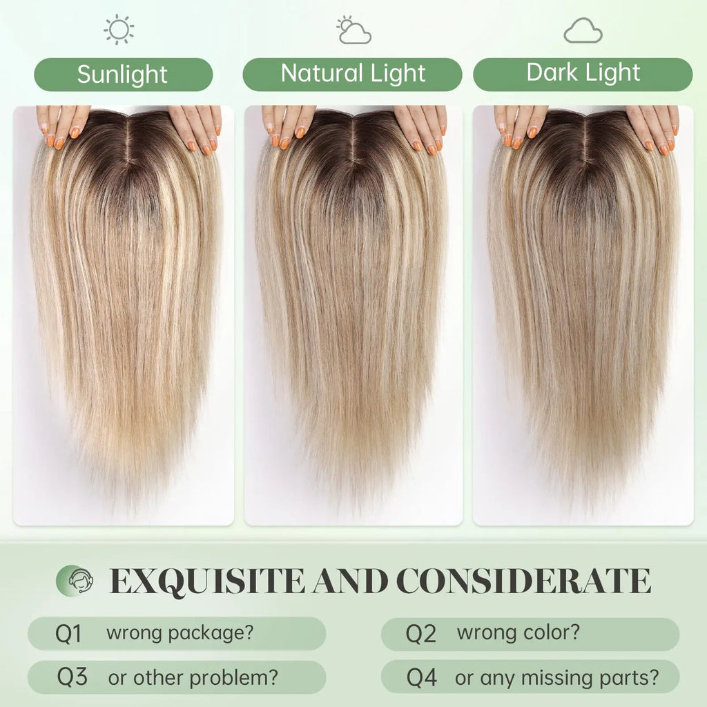 Brown Blonde Highlight Remy Human Hair Toppers Clips in 16 Inches Straight Hairpiece for Women Silk Base Topper Hair Extensions
