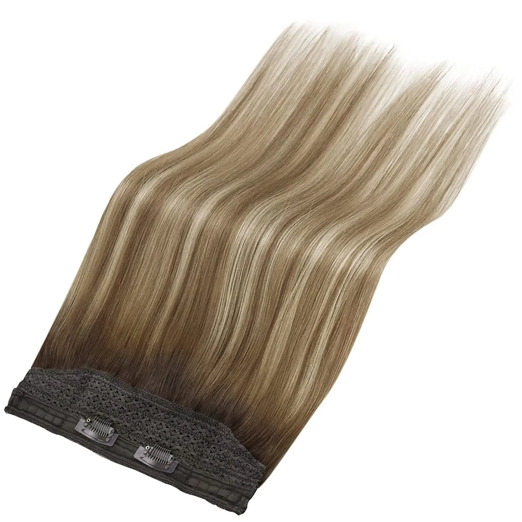 VeSunny Fish Line Human Hair Extension Wire Natural Hair OnePiece Invisible Wire Hair Weft with 2 Clips Machine Made Blonde Hair
