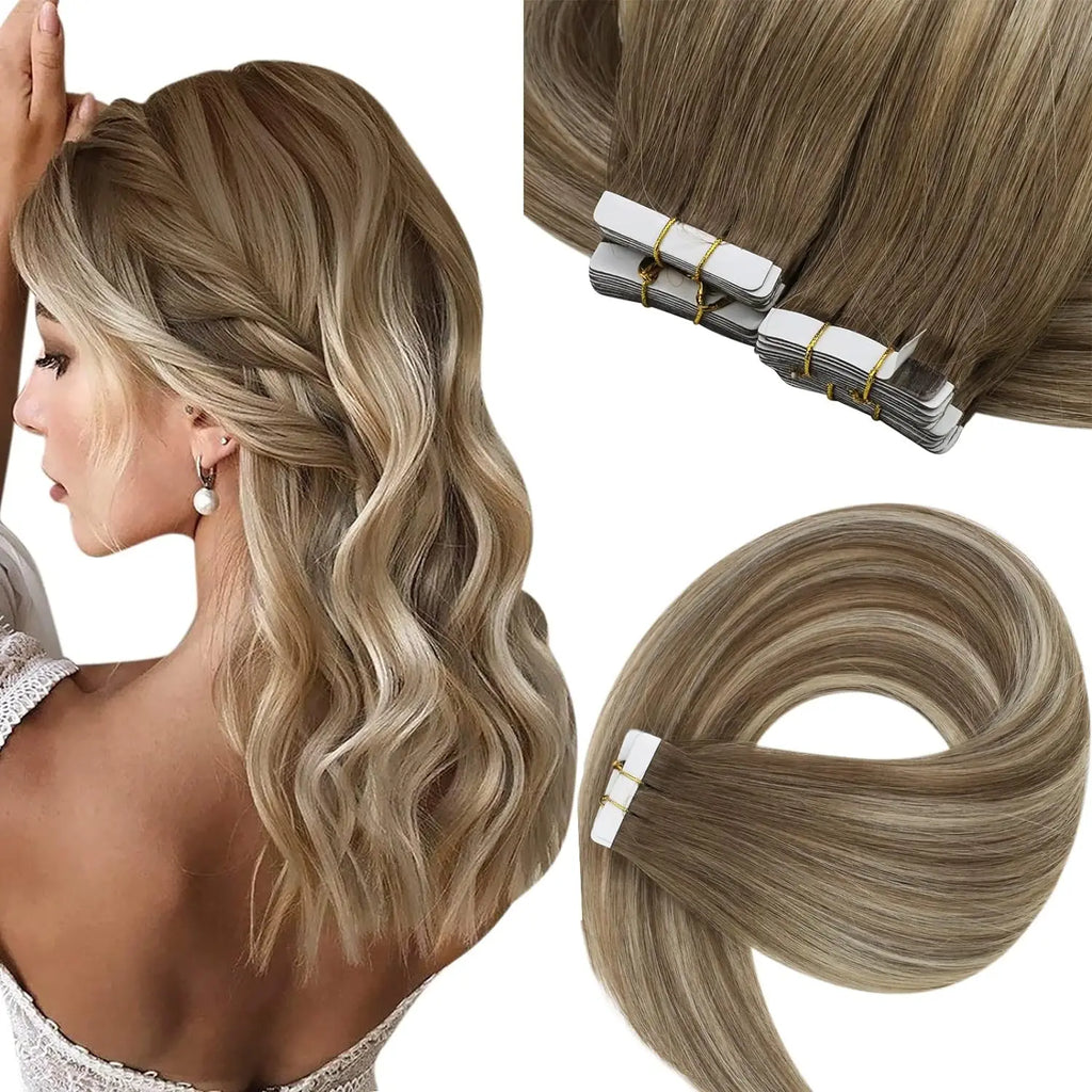 [NEW]VeSunny Tape In Hair Extensions Human Hair Real Natural Hair Balayage Color #4-14-60 Skin Weft Straight Seamless Hair