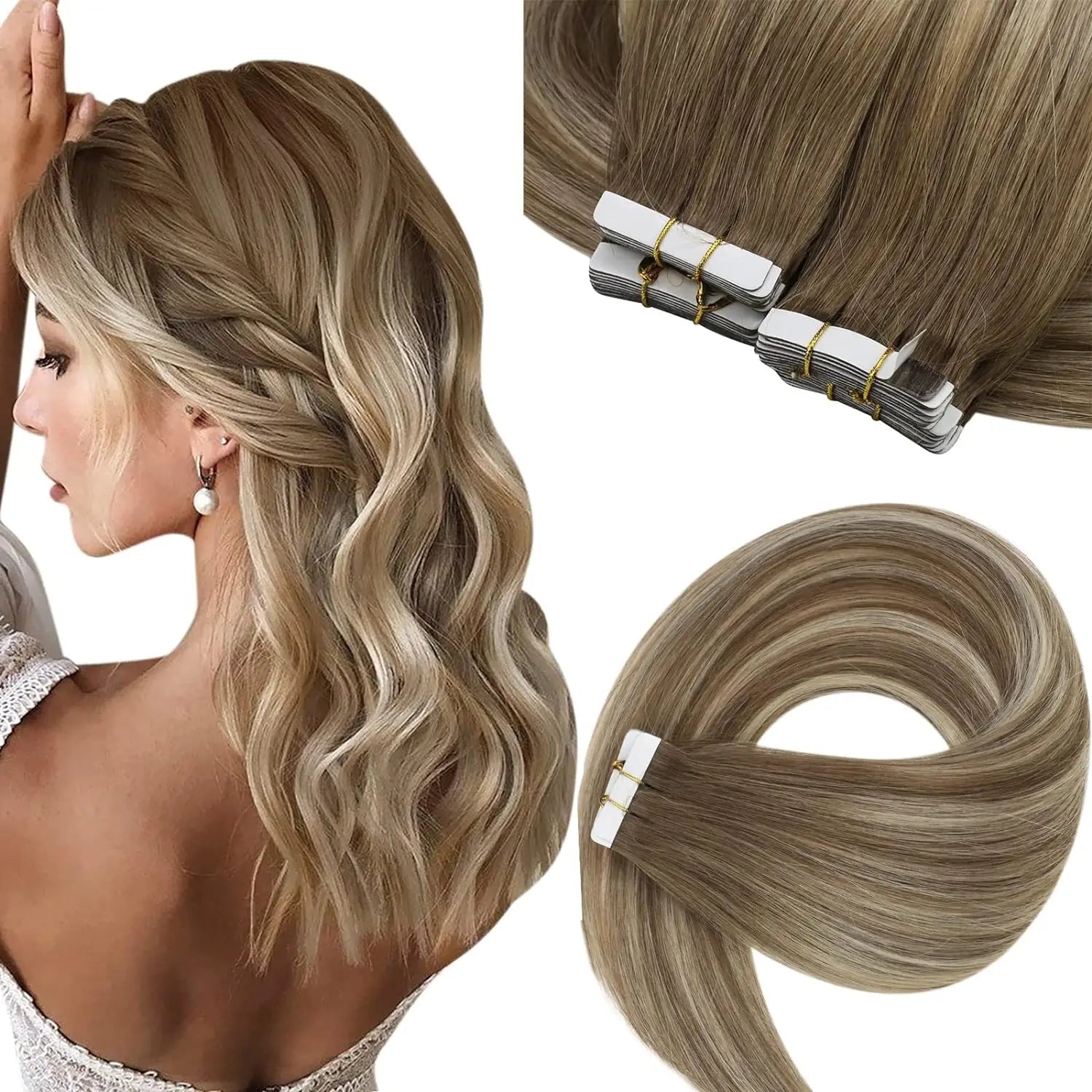 [NEW]VeSunny Tape In Hair Extensions Human Hair Real Natural Hair Balayage Color #4-14-60 Skin Weft Straight Seamless Hair