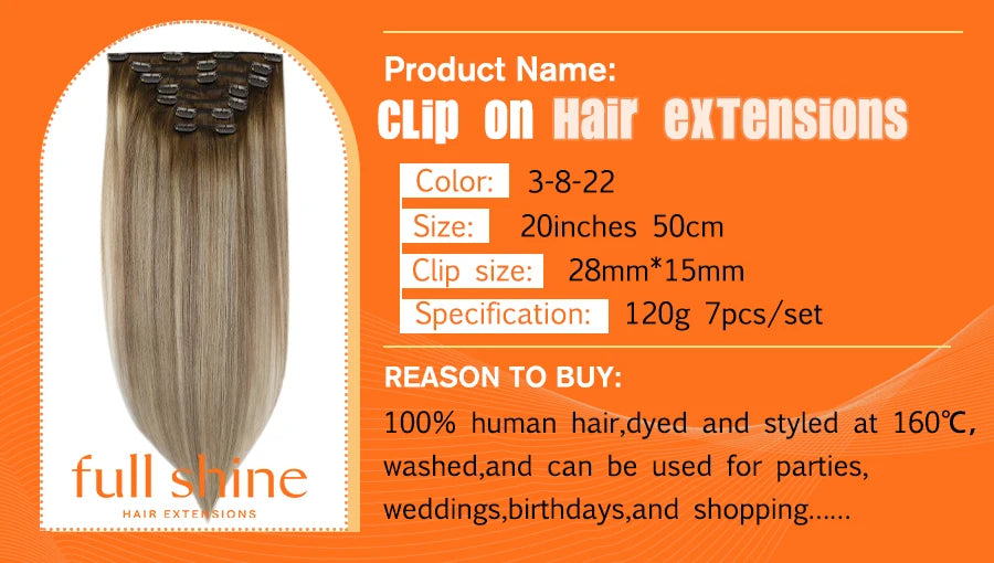 Full Shine Clip in Hair Extensions Human Hair Clip Balayage 7pcs 120g Double Weft Hair Extensions Human Hair For Woman