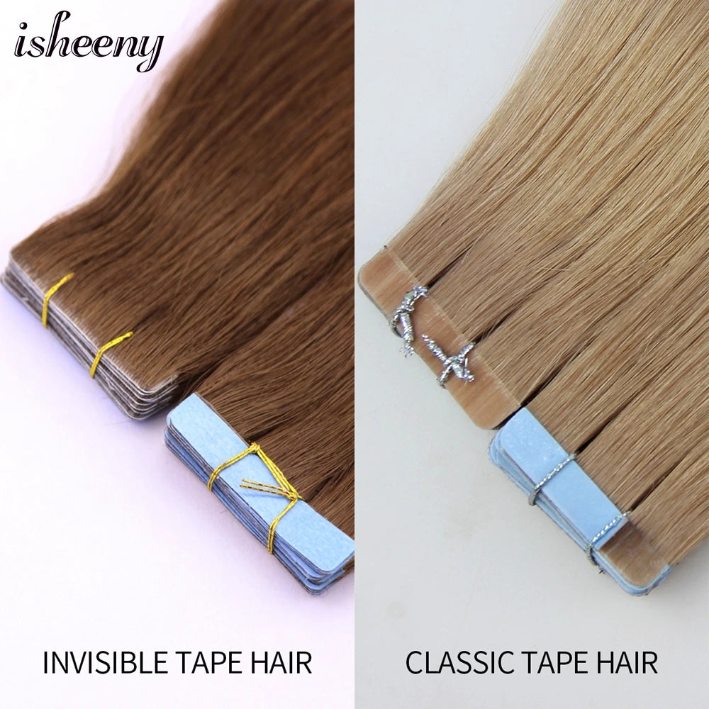 Isheeny Invisible Tape In Hair Extensions 12" 16" 20" 22" Skin Weft Tape Ins 10pcs Natural Straight Machine Made Remy Human Hair