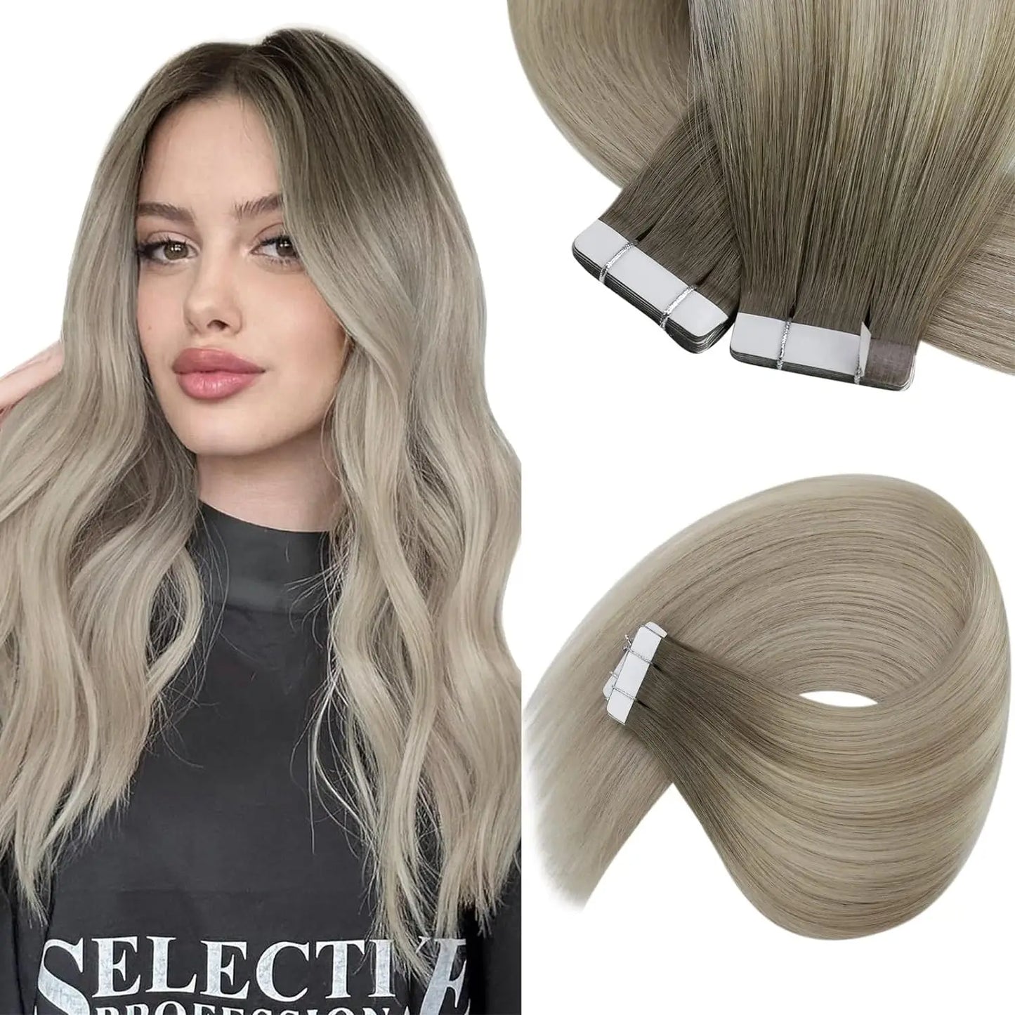 [NEW]VeSunny Tape In Hair Extensions Human Hair Real Natural Hair Balayage Color #4-14-60 Skin Weft Straight Seamless Hair