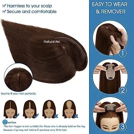 Brown Blonde Highlight Remy Human Hair Toppers Clips in 16 Inches Straight Hairpiece for Women Silk Base Topper Hair Extensions