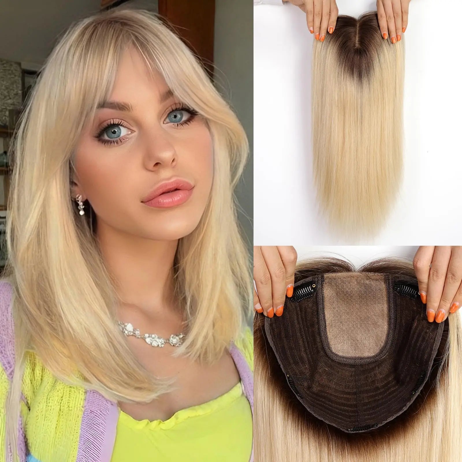 Brown Blonde Highlight Remy Human Hair Toppers Clips in 16 Inches Straight Hairpiece for Women Silk Base Topper Hair Extensions