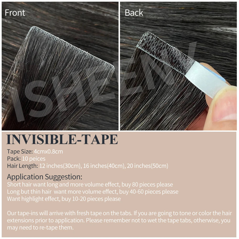 Isheeny Invisible Tape In Hair Extensions 12" 16" 20" 22" Skin Weft Tape Ins 10pcs Natural Straight Machine Made Remy Human Hair